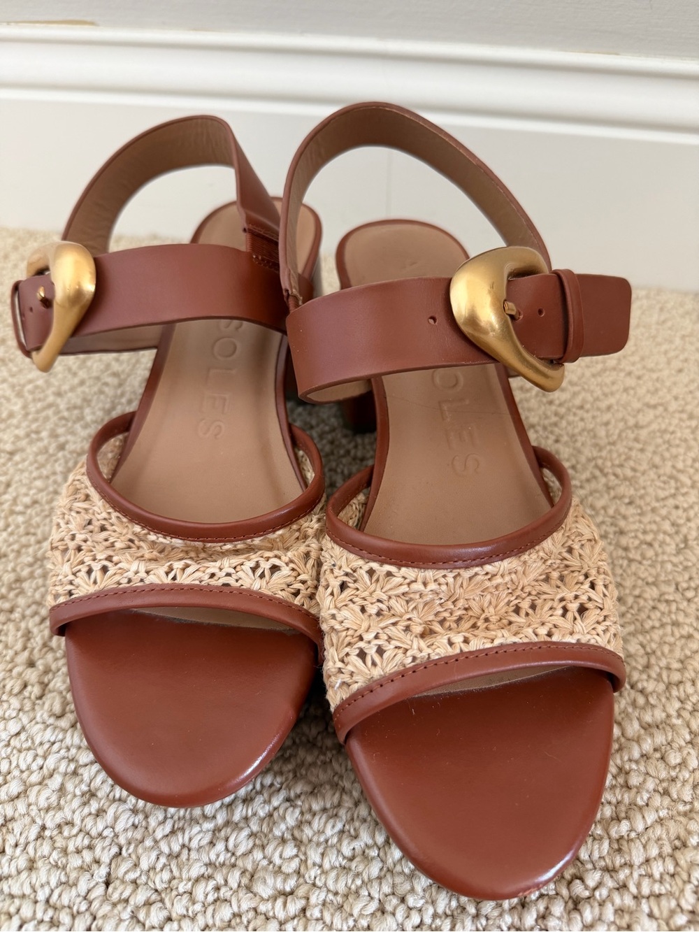 Woven Raffia & Leather Brown Sandals with Gold Buckle Aerosoles Size 8